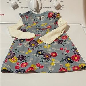 Girls Floral Layered-Look Dress with Cream Long Sleeves — Blue Base